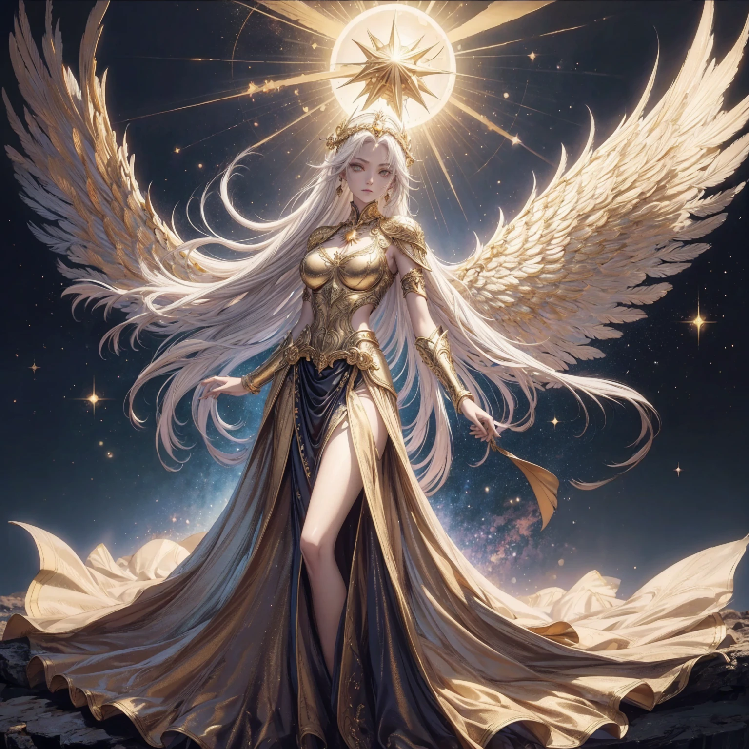 Art of Woman Wearing Sun Crown, Wearing a gorgeous golden metal bra and breastplate that reveals a little skin above the chest, Wearing a gorgeous golden dress with cosmic stars inside, A pair of giant angel wings taller than the body spread out behind the woman., ancient goddess art, Sacredness. Very detailed, Mysterious inspiration, Inspiration from the Sun God, Religious inspiration, A divine background, Cold and snobbish face, Dangerous expressions, White hair, Standing pose floating in the air, One hand reaches out to the sky while the other hand holds a brilliant orb as bright as the sun., Full body portrait, Gothic art style, Weird art style, Occult art, Halo of angels, contempt eyes, Divine light, Wide-angle lens, Upward Shot