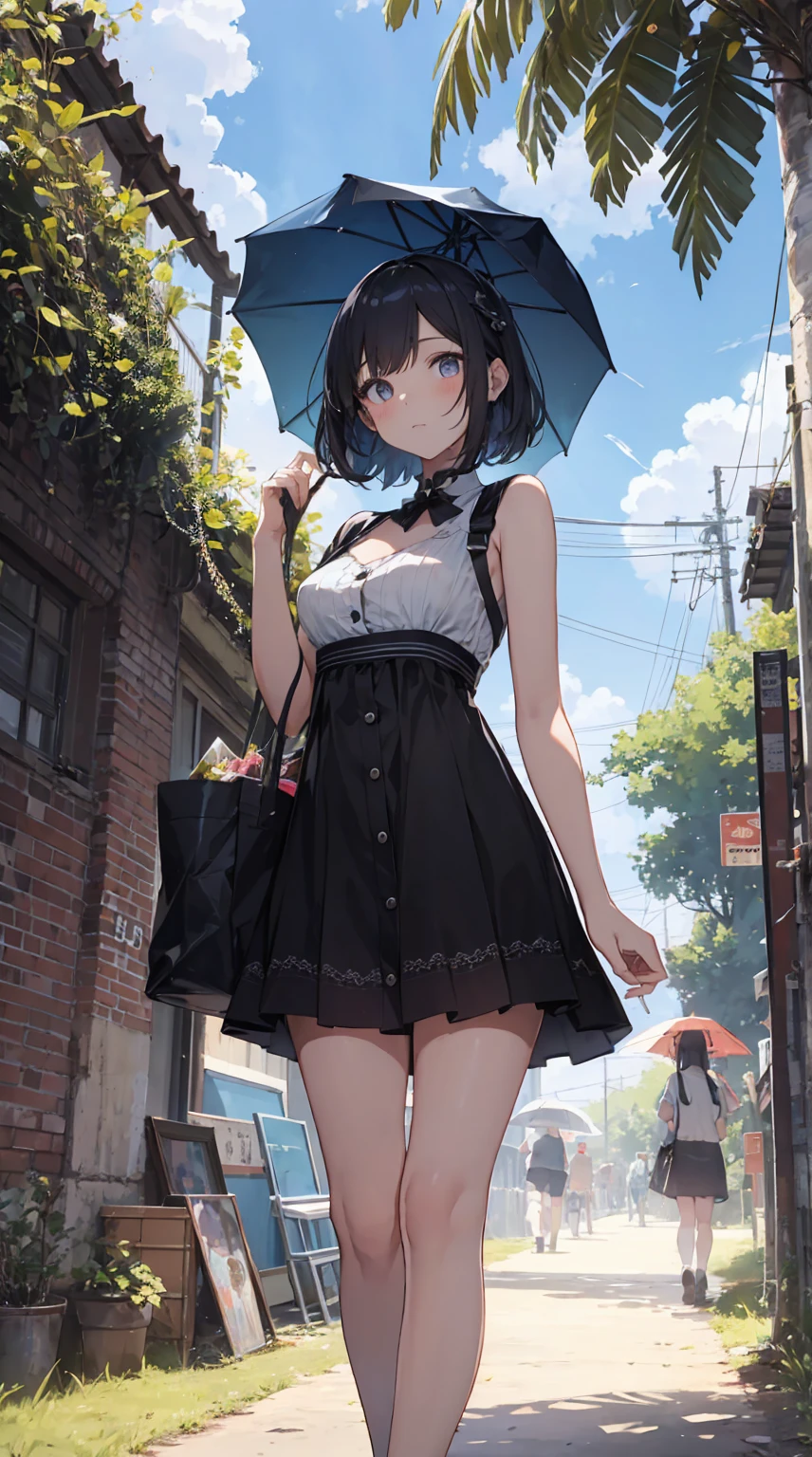 This illustration depicts a cute girl going on a holiday outing. She is in her twenties and has bright eyes. The place is like a park. However, the most noteworthy thing is the "last mysterious high-energy body" she emits. This energy body released from her body has the power to annihilate the garbage in the sky. The blue-white light reaches every corner. She is standing with a parasol and is wearing a dress. It's summer and it's very hot.
