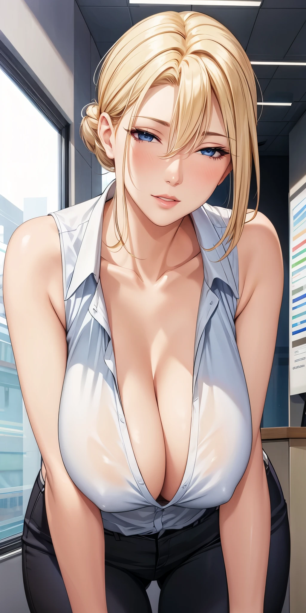 Seductive mature woman, milf, blue eyes, blonde hair, soft light, 4k resolution, high quality, beautiful cg