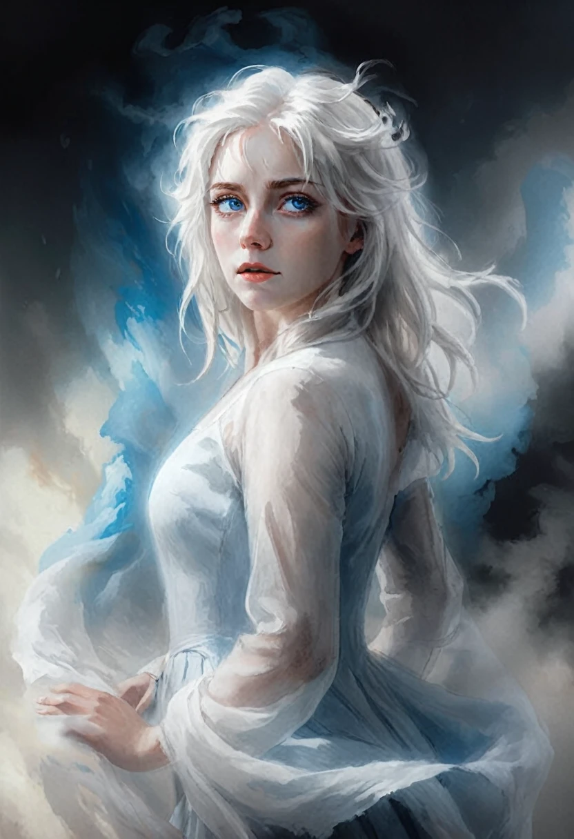 High Quality illustration,ultra detailed, Beautiful picture of A painting of a beauty, blue eyes and white hair, full body, Wind dynamics, Fog, cinematic shot, haze lighting, 16k, uhd, blurry masterpiece,cinematic, epic, oil painting