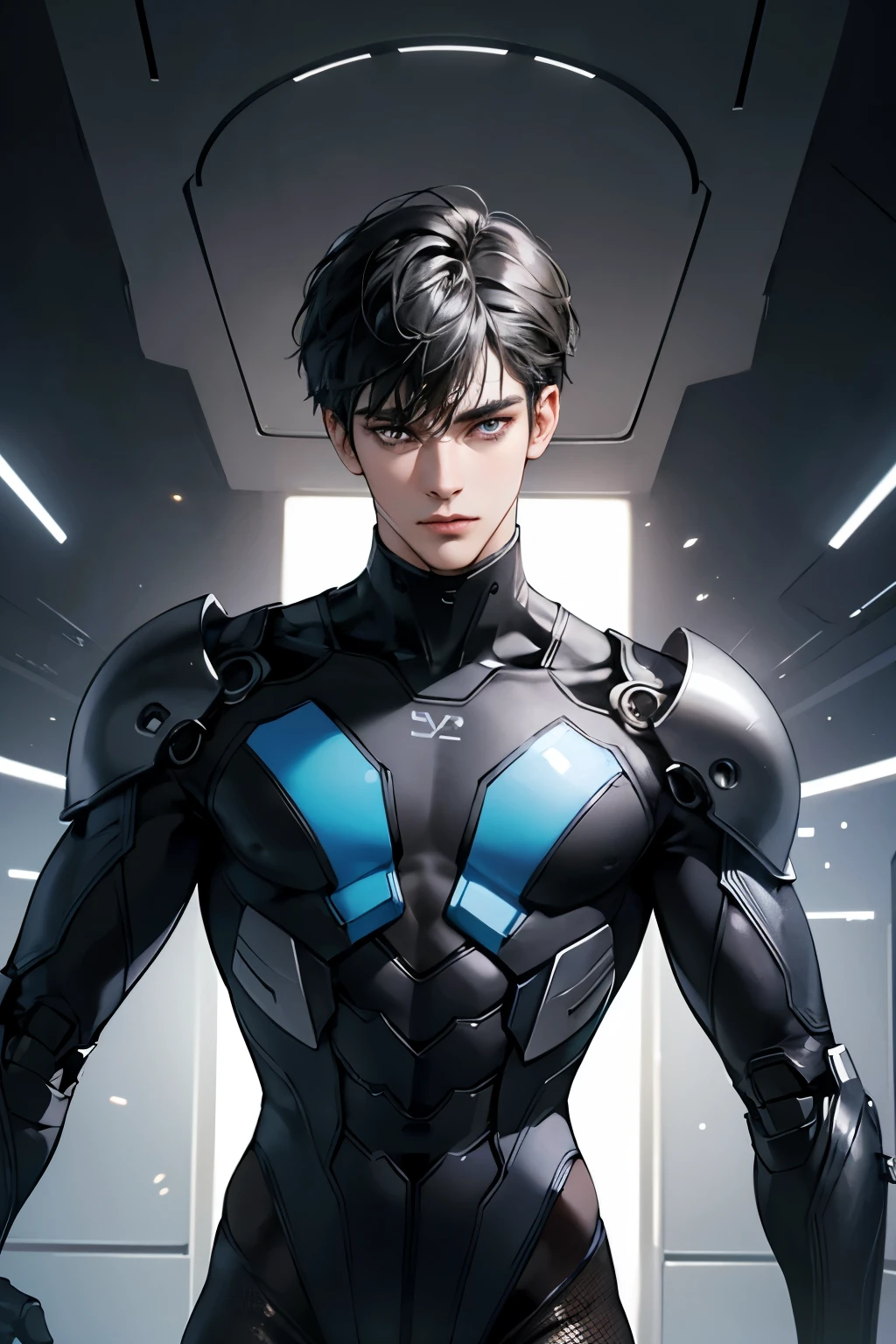 (masterpiece,high resolution,ultra - detailed:1.0),1(boy,robot boy),Perfect male body,Look at the camera,Delicate eyes and delicate face,Extremely detailed CG,Unity 8k wallpaper,Complicated details,solo person,Detailed face, (black futuristic skin tight body suit), (futuristic), (toned body with bulge) color difference, Depth of field,dramatic shadow,Ray tracing,Best quality, hands visible, black gloves,black hair