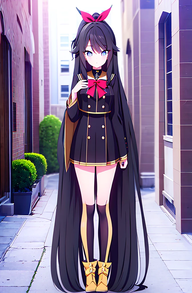 hair length about 5 meters girl long_hair black_hair tall black_uniform highschool 1girl high ponytail super long hair long hair