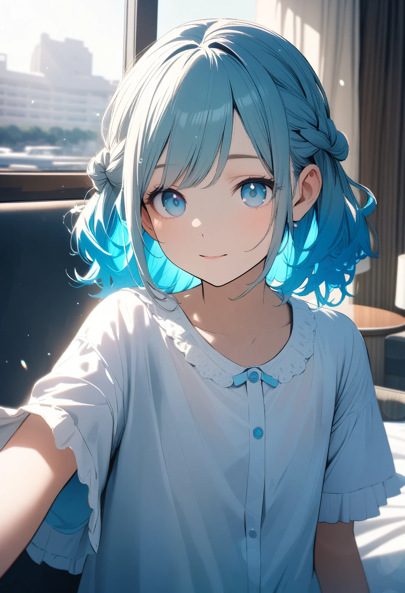 One -yeld gi (Inner color hairstyle), Beautiful Hair, Facial Contour, Remember, , Hotel, splash, Lens flare, noon, bright, Natural Color, High resolution, Very delicate, Very detailed, 8k,((Sexual)),The bra is slightly visible through the gap in the clothes.