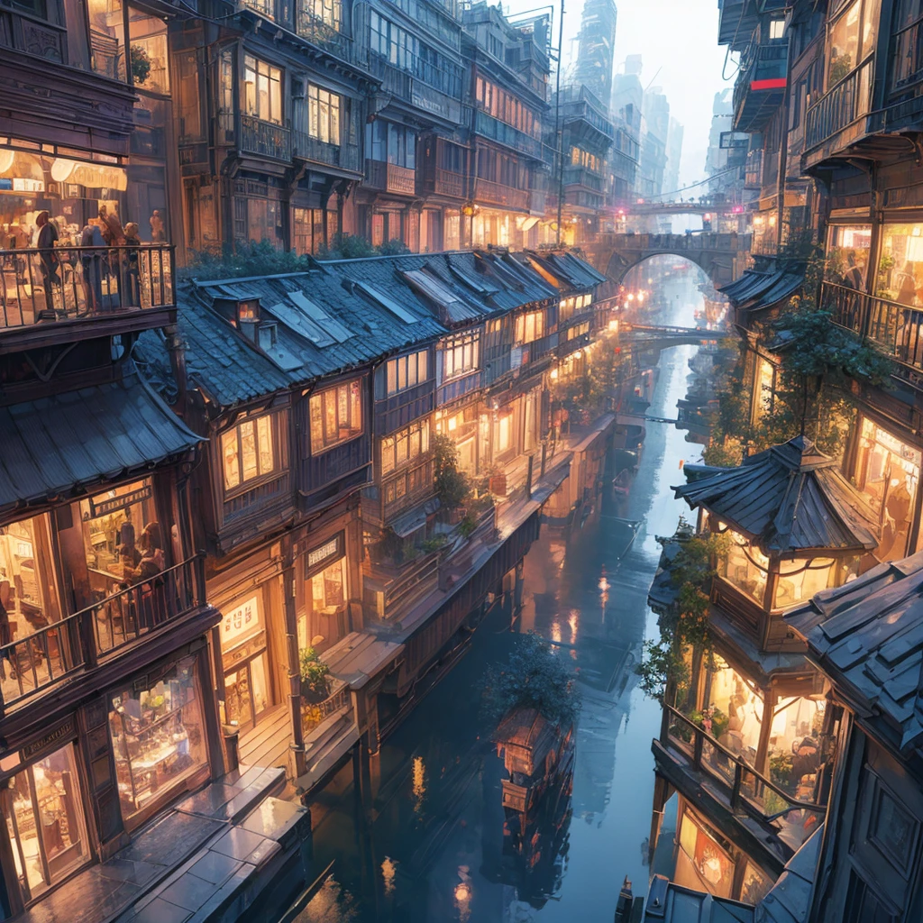 ((masterpiece)),((Highest quality)),((Attention to detail)),((Realistic,)) Future City, There is a deep canyon in the middle, Architecture Street, Bazaar, bridge, cyber punk, European architecture, Rainy night, neon, Futuristic bikes
