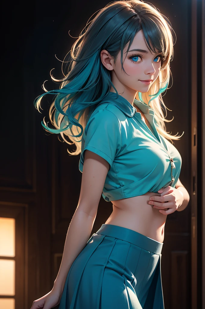 (Realistic:1.5), (breathtaking), atmospheric perspective, diffusion, lifelike skin texture, DSLR, 80mm Sigma f2, depth of field, film grain, intricate natural lighting, gorgeous sexy woman, (adult:0.7), pleasure, (Aqua, Kono Suba style), blue eyes, light azure layered hair, full length photo, ultra short blue skirt hiding nothing, very small tight body top, perfect body, side-bottom view, detailed background, detailed face, (mysterious dark theme:1.1), smile, backlighting, magical atmosphere, looking to camera, hyperrealism, soft light, lucid colours, (sharp:1.2), (intricate details:1.1), hdr, bokeh