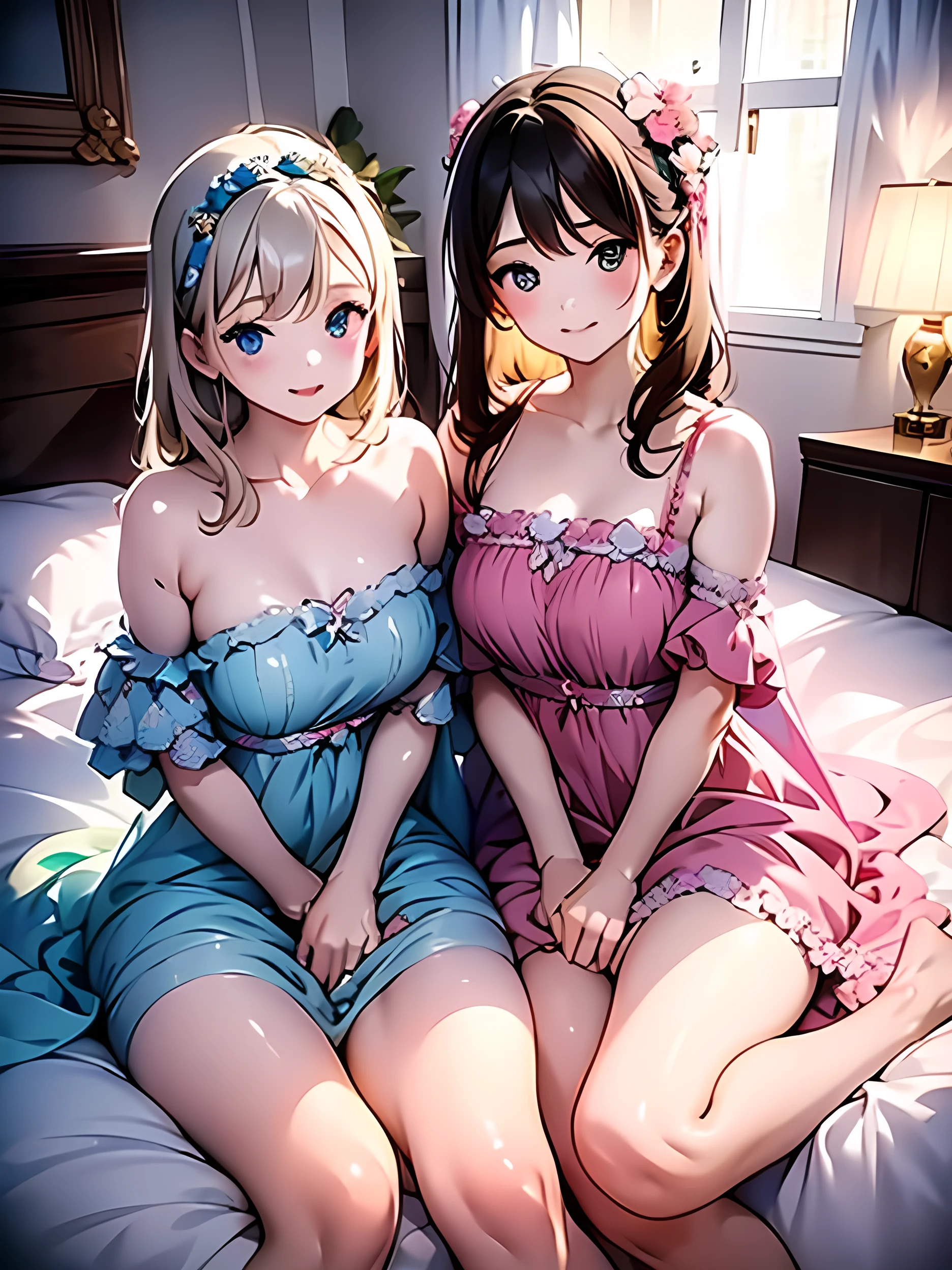 top-quality、highest image quality、10,master-piece、ultra-detail、Beautiful、It's beautiful..、Girl with((age is 18 years old、Bathrobe:1.7、Bust 92、blonde Long wet braided hair on the left and right sides.、Blue Eyes、lens、breast cleavage、Happiness、sit on a chair:1.2、Cross leg:1.2、Ear piercing))、equality、visual art、Background with((Bedroom at night:1.6))