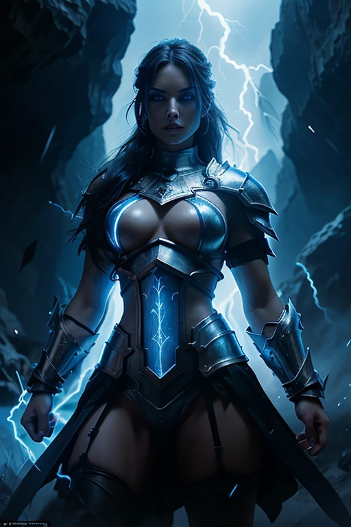 pornstar, evil beautiful and muscular, Nordic female, towering storm Giantess with blue black hair in a ponytail, older and mature woman, throwing a lightning ball, glowing tattoos, wearing steel runic plate mail Armour , temple cave background with lightning storm, glowing blue eyes, square jaw, powerful and imposing, winter clothing
