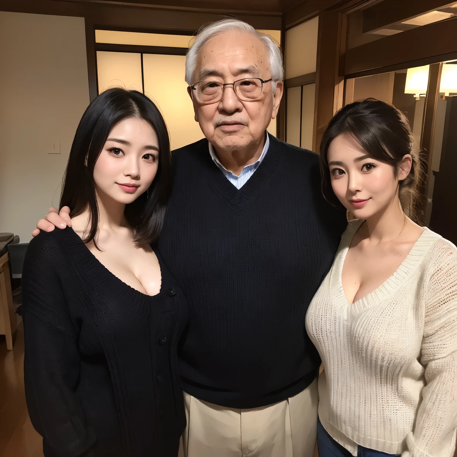 High resolution、high resolution、Attention to detail、masterpiece、Realistic Skin,、roughly exactly)、(Two men and a woman standing together)、((Cute busty 27 year old Japanese woman_Wearing a black high-necked knit、75 year old Japanese grandfather)）、((whole body_From head to toe))、One&#39;Home、Breast skin is not visible
