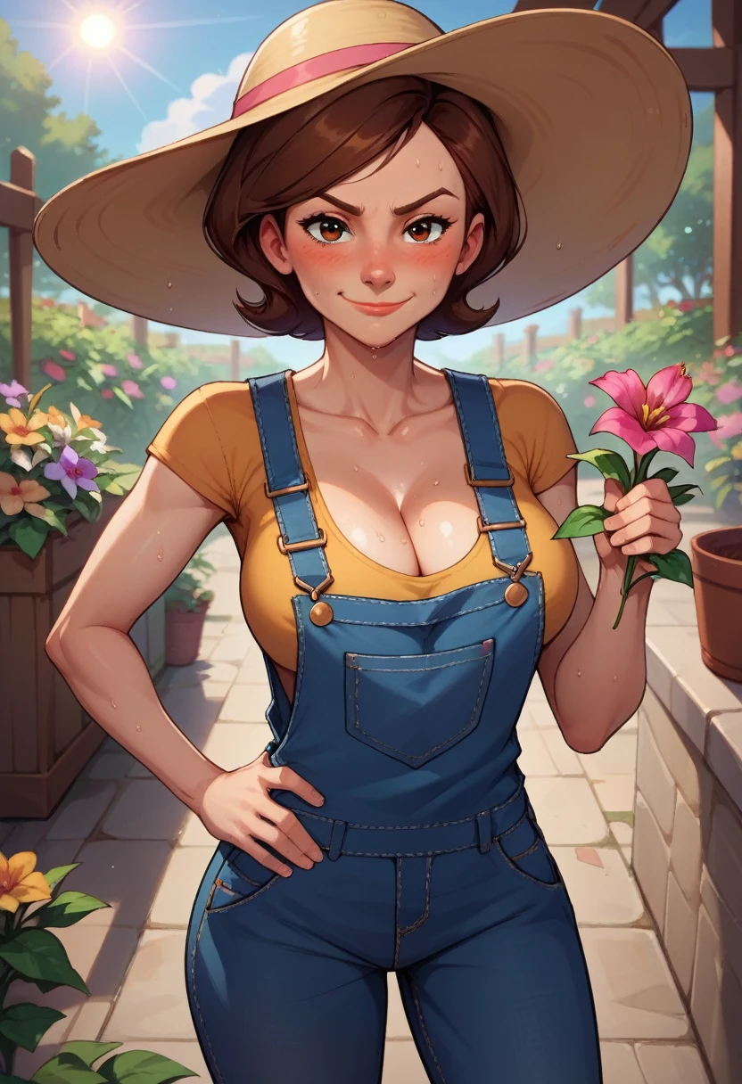 score_9, score_8_up, score_7_up, score_6_up, BREAK helen parr, big breasts, smirking,one hand on hip,cute, sweating,blushing, in a flower garden, looking at viewer, wearing overalls, sun hat, holding flower, looking down view, cleavage