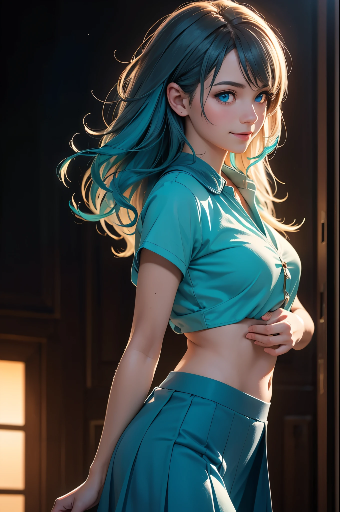 masterpiece, best quality, absurdres, illustration, 8k, perfect shadows,perfect lighting,hdr, ambient lighting,realistic, ultra-realistic, cowboy shot, Photo realistic,(hyperrealistic:1)textured skin,shiny skin,skindentation, beautiful body, (blush:1.2) kaede hozuki, 1girl, blue hair, gyaru, hair between eyes, hair ornament, hair scrunchie, large breasts, multicolored hair, pink eyes, pink hair, side ponytail, sidelocks, two-tone hair, yellow scrunchie (wearing black skirt, cleavage, collarbone, dress shirt, pleated skirt, shirt, polka dot red shirt tucked in, skirt, thigh gap, polka dot red shirt,) ( large breasts,hourglass body, thin waist,very slim waist)extremely detailed face,detailed eye makeup, detail face, nice detailed eyes,nice hands, perfect hands, (realistic pupils,realistic defined body features,toned midriff,skinny waist,thin waist,(abs:0.8),squatting,squat,stretched( spread legs:1.2), arm support, cameltoe, eyes open, eyes closed, printed shirt