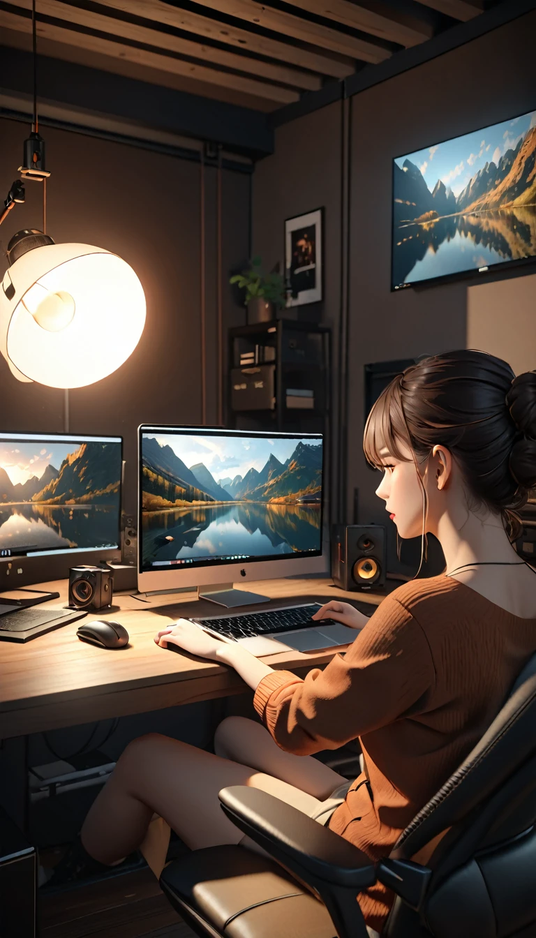 3d character streaming, streaming setup, character back view, detailed character, high quality 3d render, cinematic lighting, studio lighting, photorealistic, 8k, highres, best quality, masterpiece, extremely detailed, realistic, volumetric lighting, detailed streaming setup, detailed laptop, detailed interior, warm color tones, soft lighting