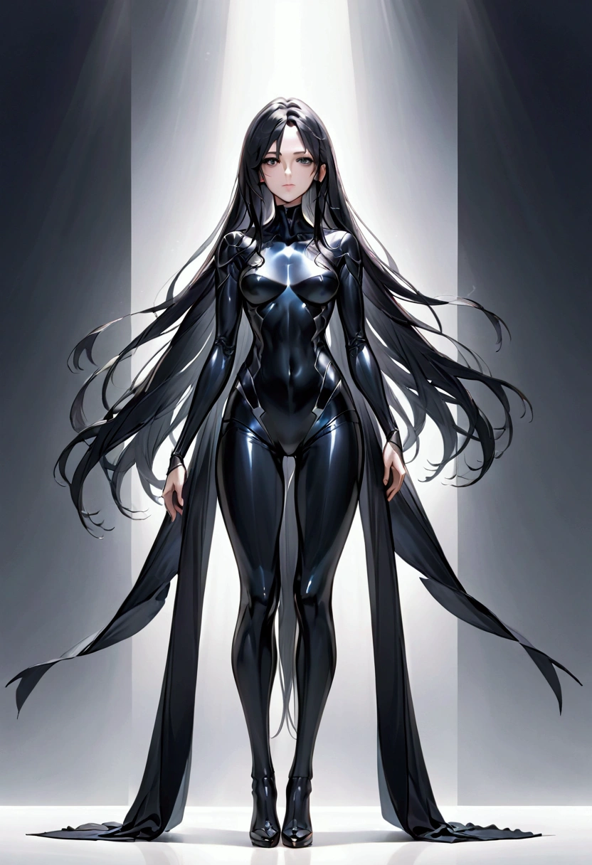 Mature Girl with long black hair with silver highlight, dark onyx eyes,tall rectangular body figure,pantyhose only