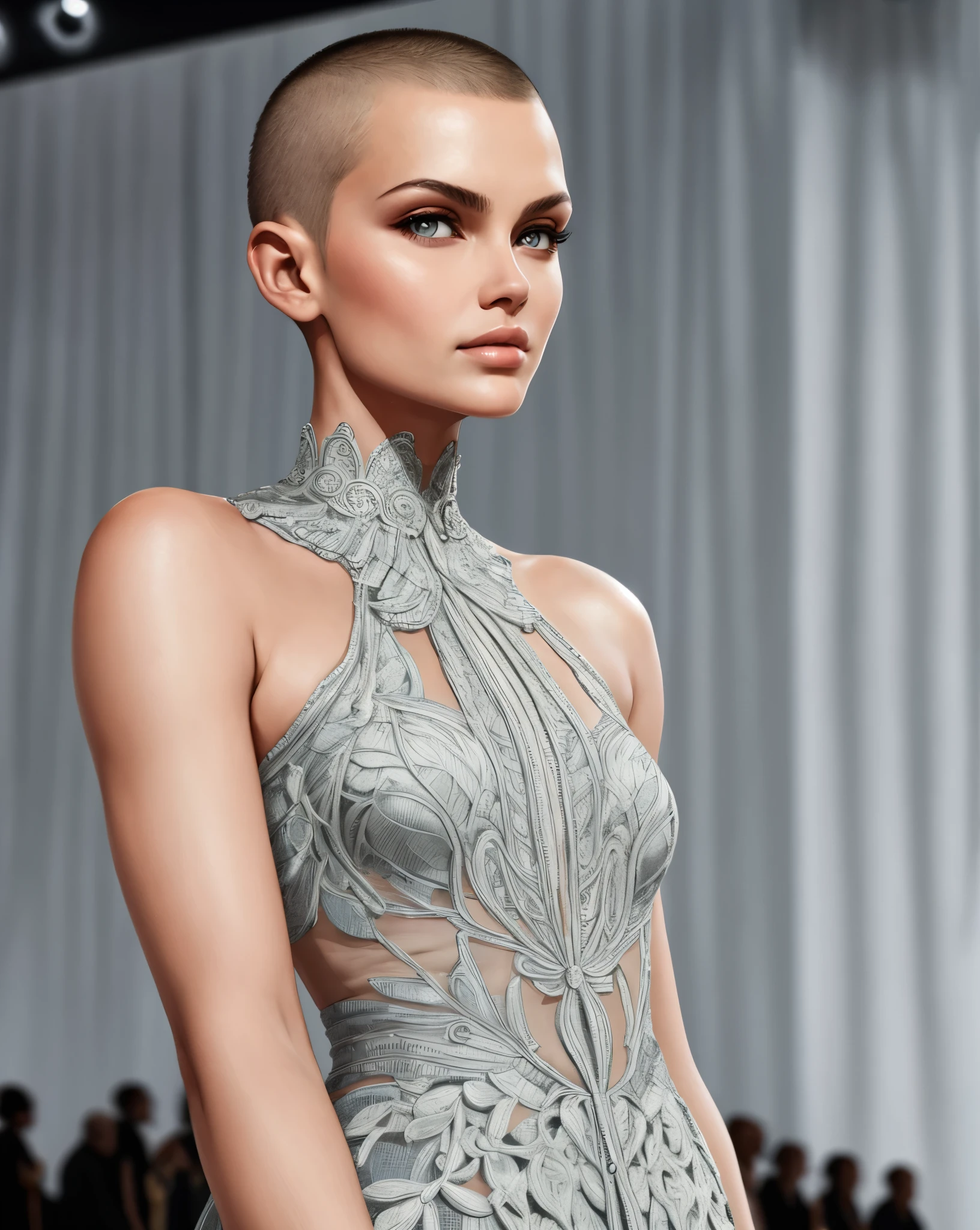 beautiful buzzcut supermodel on a runway show, Best quality, intricate details, clean lines, eye-catching composition, soft tones, semi-realism, perfect illustration, dynamic pose, ample headroom