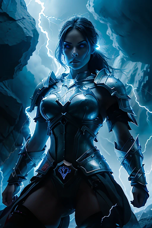 pornstar, evil beautiful and muscular, Nordic female, towering storm Giantess with blue black hair in a ponytail, older and mature woman, throwing a lightning ball, glowing tattoos, wearing steel runic plate mail Armour , temple cave background with lightning storm, glowing blue eyes, square jaw, powerful and imposing, winter clothing