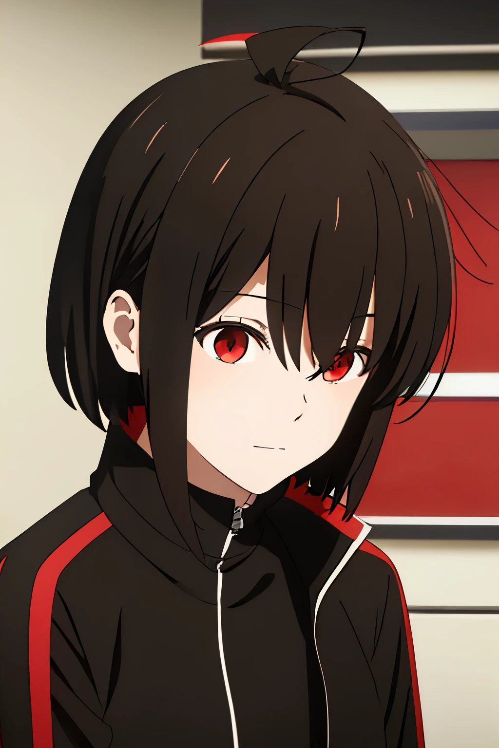 high resolution, short hair, shill, black hair, messy hair, bangs cowlick, ahoge, shortcut, red eyes, Masterpiece, red highlight,
 black jacket,