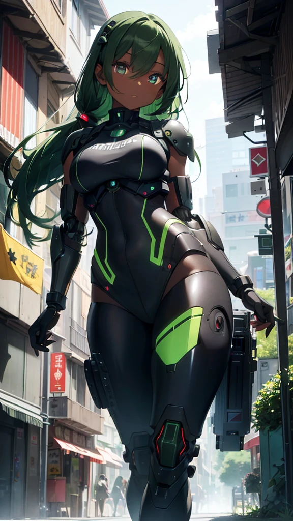 masterpiece, 1 android, (dark skin), fullbody, [long hair], (bright green hair), curvy girl, each eye has one color, (robotic armor), mechanical legs, swat, futuristic robot