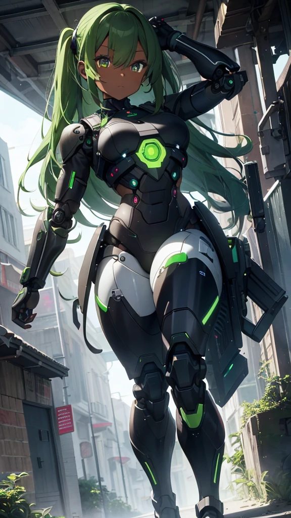 masterpiece, 1 android, (dark skin), fullbody, [long hair], (bright green hair), curvy girl, each eye has one color, (robotic armor), mechanical legs, swat, futuristic robot