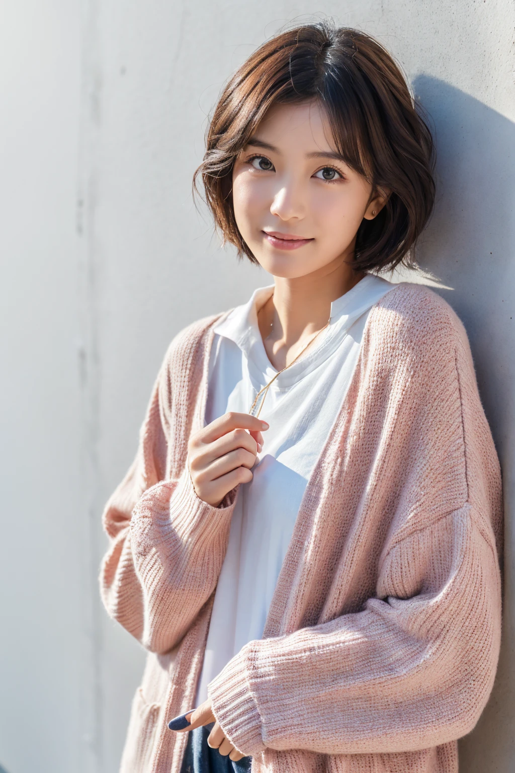 ((Highest quality, 8k, masterpiece :1.3)), 1 girl, (short hair,Photographed in front of a white wall :1.2)、Photographed in natural light、pastel cardigan :1.1, Top view、super Detailed face, Beautiful Eyes,(Highly realistic photos, High resolution, Detailed face, Beautiful Eyes)、Japanese women, 18-year-old, A variety of expressions, alone:1, Various Hair Styles, Casual clothing, Only one person in the photo、Long sleeve dress、Photographed in natural light、Simple Necklace、uniform、Don't look at the camera、profile、Dark brown hair color, Skin Texture,Real human skin, Cute smile