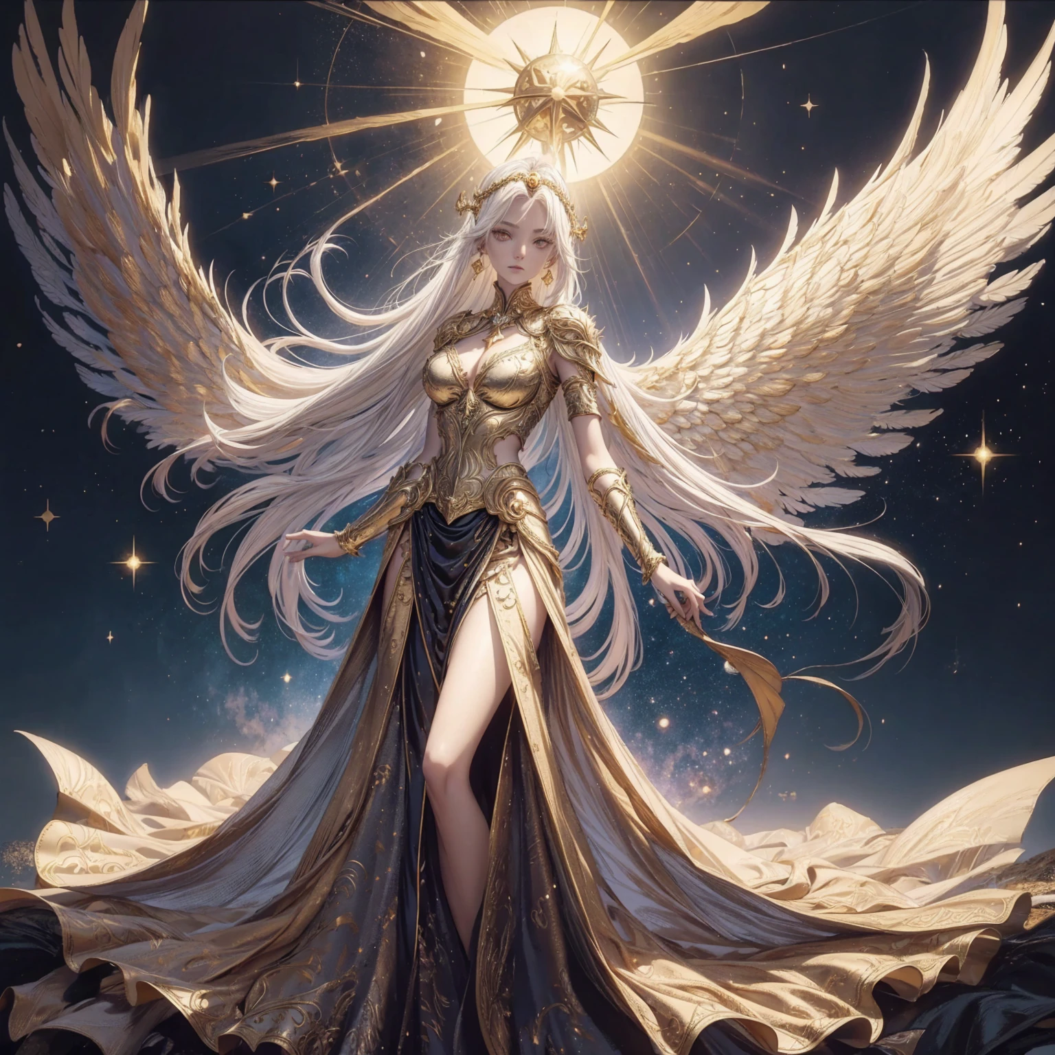 Art of Woman Wearing Sun Crown, Wearing a gorgeous golden metal bra and plate that reveals a little skin above the chest, Wearing a gorgeous golden dress with cosmic stars inside, A pair of giant angel wings taller than the body spread out behind the woman., ancient goddess art, Sacredness. Very detailed, Mysterious inspiration, Inspiration from the Sun God, Religious inspiration, A divine background, Cold and snobbish face, Dangerous expressions, White hair, Standing pose floating in the air, One hand reaches out to the sky while the other hand holds a brilliant orb as bright as the sun., Full body portrait, Gothic art style, Weird art style, Occult art, Halo of angels, contempt eyes, Divine light, Wide-angle lens, Upward Shot