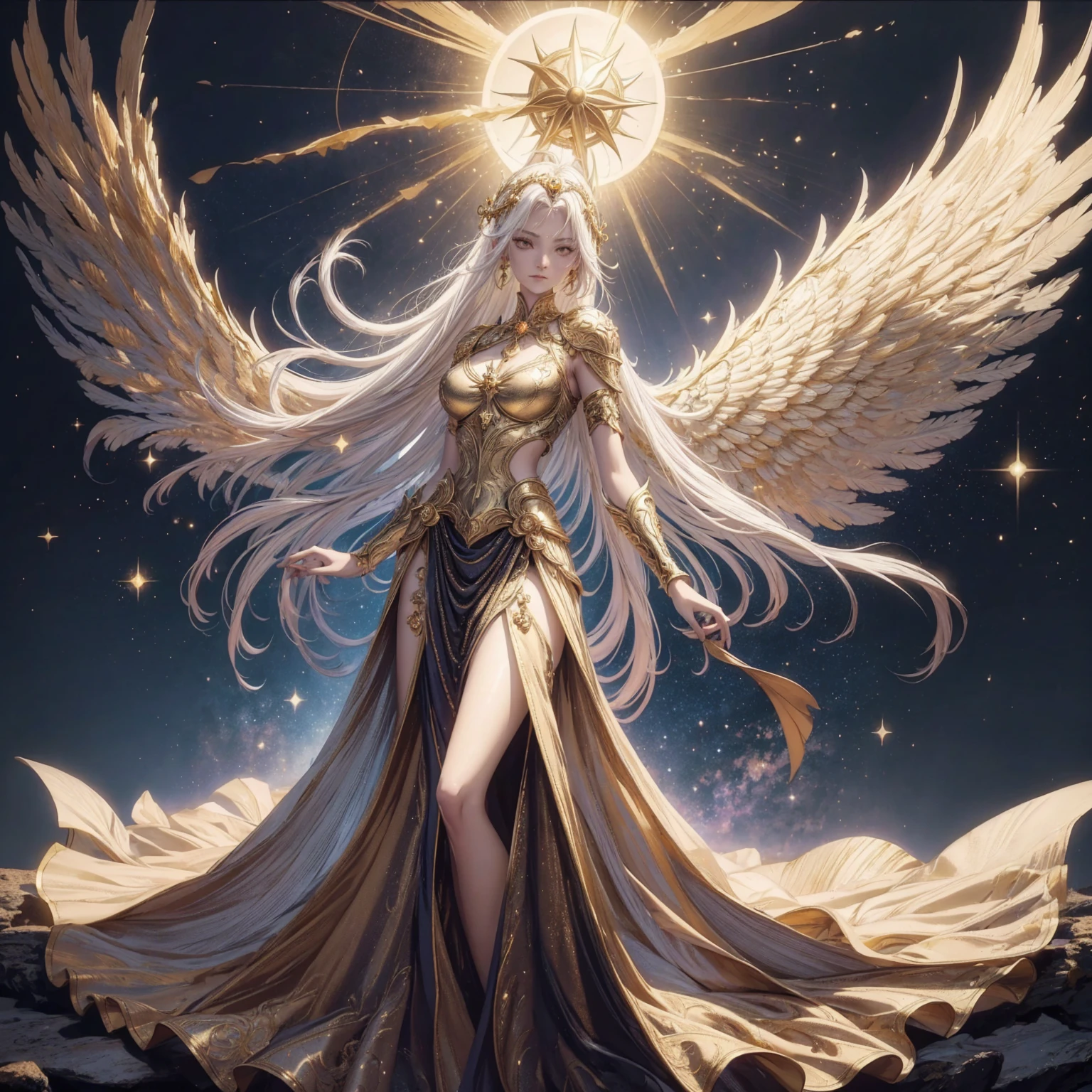 Art of Woman Wearing Sun Crown, Wearing a gorgeous golden metal bra and breastplate that reveals a little skin above the chest, Wearing a gorgeous golden dress with cosmic stars inside, A pair of giant angel wings taller than the body spread out behind the woman., ancient goddess art, Sacredness. Very detailed, Mysterious inspiration, Inspiration from the Sun God, Religious inspiration, A divine background, Cold and snobbish face, Dangerous expressions, White hair, Standing pose floating in the air, One hand reaches out to the sky while the other hand holds a brilliant orb as bright as the sun., Full body portrait, Gothic art style, Weird art style, Occult art, Halo of angels, contempt eyes, Divine light, Wide-angle lens, Upward Shot