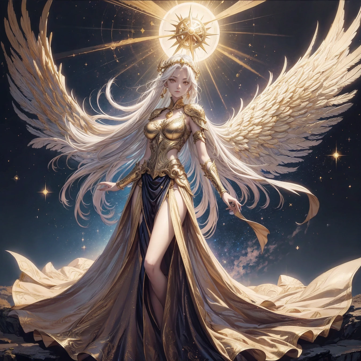 Art of Woman Wearing Sun Crown, Wearing a gorgeous golden metal bra and breastplate that reveals a little skin above the chest, Wearing a gorgeous golden dress with cosmic stars inside, A pair of giant angel wings taller than the body spread out behind the woman., ancient goddess art, Sacredness. Very detailed, Mysterious inspiration, Inspiration from the Sun God, Religious inspiration, A divine background, Cold and snobbish face, Dangerous expressions, White hair, Standing pose floating in the air, One hand reaches out to the sky while the other hand holds a brilliant orb as bright as the sun., Full body portrait, Gothic art style, Weird art style, Occult art, Halo of angels, contempt eyes, Divine light, Wide-angle lens, Upward Shot