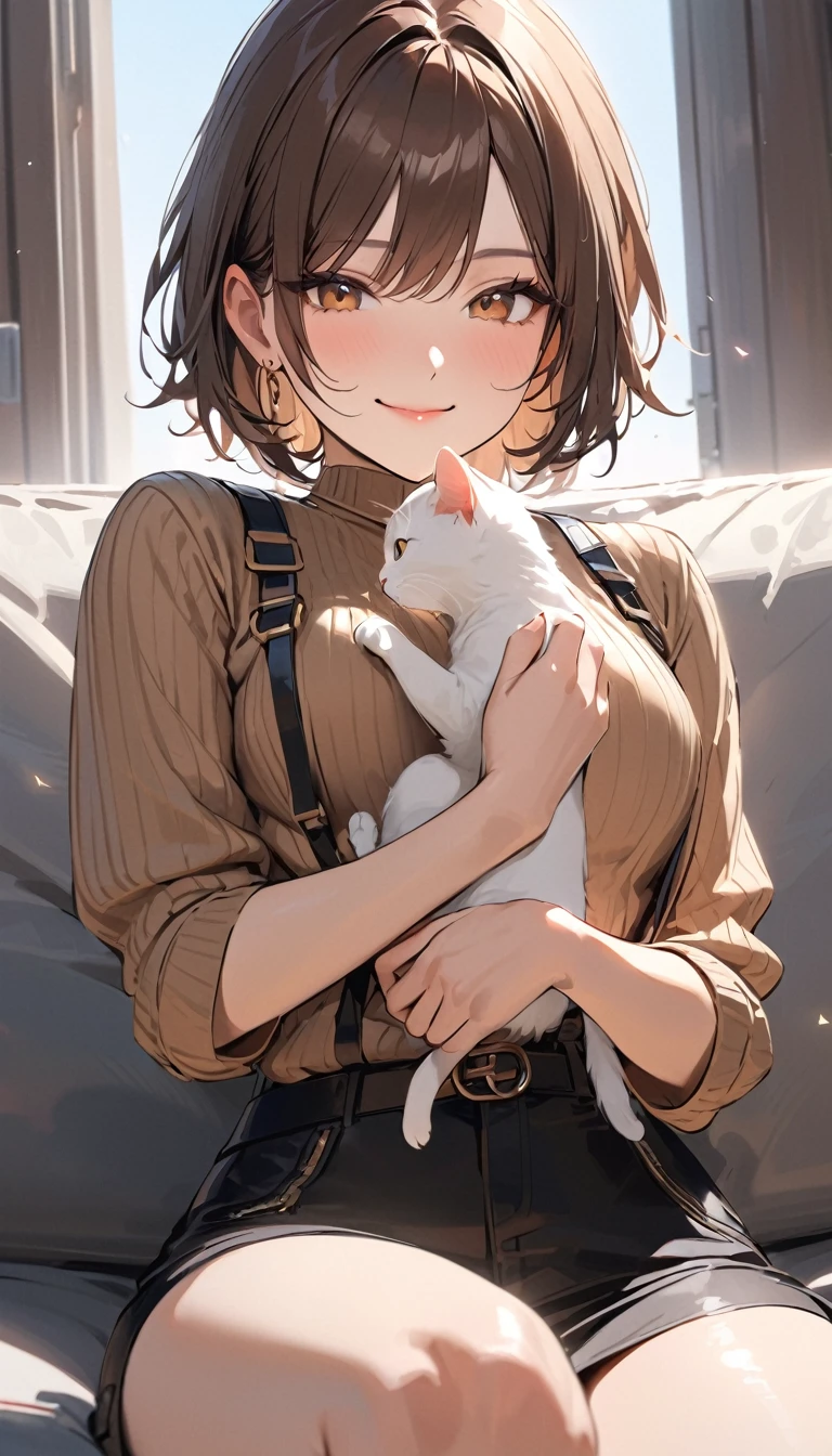 super detail, best quality, a woman , Brown short hair, smile, Stylish clothing, (Sitting on the couch), Holding a cat on one's lap, Mature Woman