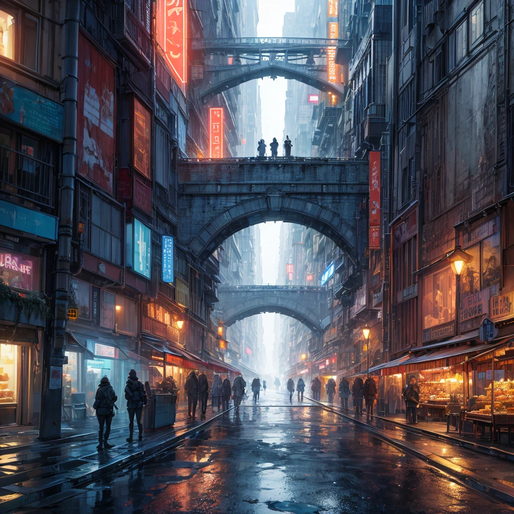 ((masterpiece)),((Highest quality)),((Attention to detail)),((Realistic,)) Future City, There is a deep canyon in the middle, Architecture Street, Bazaar, bridge, cyber punk, European architecture, Rainy night, neon, Futuristic bikes