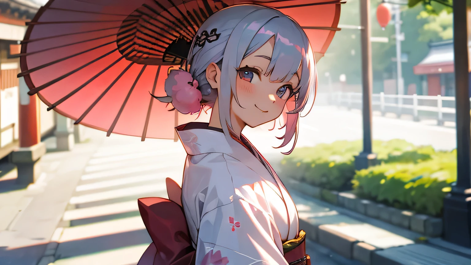 summer, japan street, kimono, smile, pink silver hair, japanese girl