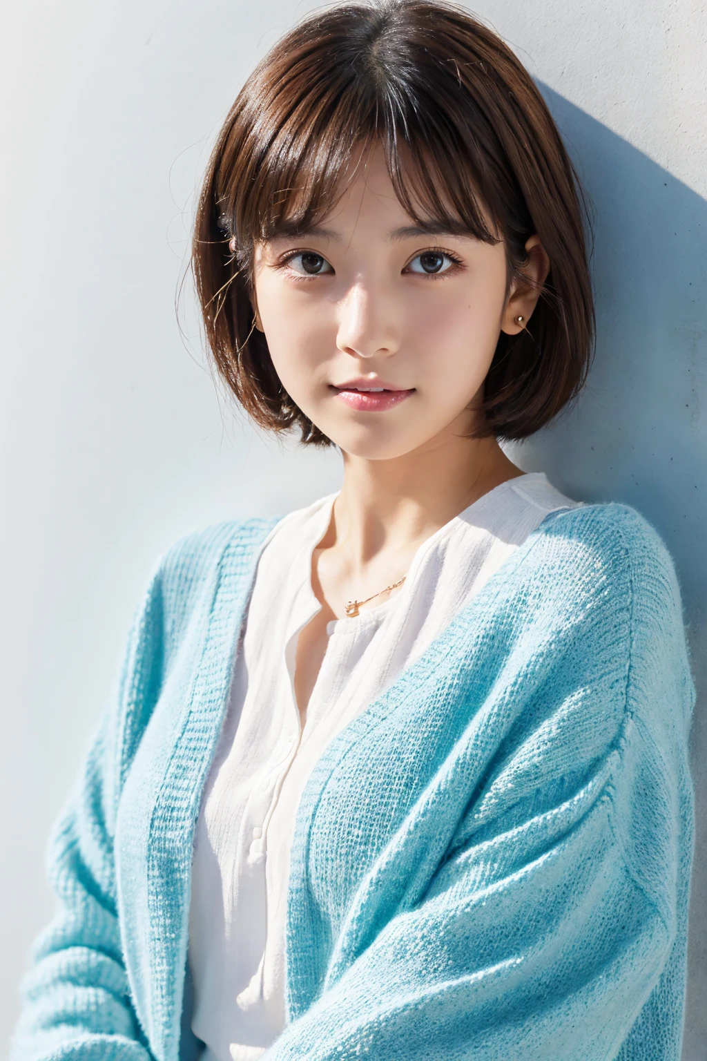((Highest quality, 8k, masterpiece :1.3)), 1 girl, (short hair,Photographed in front of a white wall :1.2)、pastel cardigan :1.1, Top view、super Detailed face, Beautiful Eyes,(Highly realistic photos, High resolution, Detailed face, Beautiful Eyes)、Japanese women, 18-year-old, A variety of expressions, alone:1, Various Hair Styles, Casual clothing, Only one person in the photo、Long sleeve dress、Photographed in natural light、Simple Necklace、uniform、Don&#39;t look at the camera、profile、Dark brown hair color, Skin Texture,Real human skin,  Cute smile、classroom