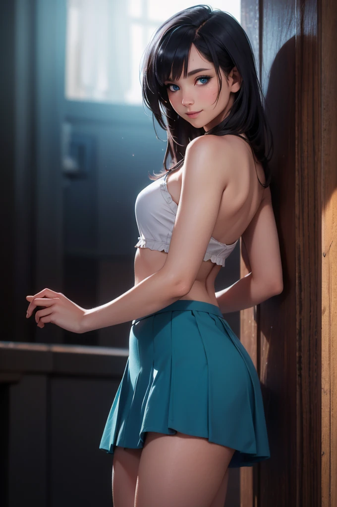 breathtaking, atmospheric perspective, diffusion, natural skin texture, DSLR, 80mm Sigma f2, depth of field, film grain, intricate natural lighting, gorgeous sexy woman, pleasure, (adult:0.7), (Aqua, Kono Suba style), blue eyes, light azure layered hair, full length photo, minuscule blue skirt hiding nothing, minuscule tight body top, perfect body, side-bottom view, detailed background, detailed face, (mysterious dark theme:1.1), smile, backlighting, magical atmosphere, looking to camera, hyperrealism, soft light, lucid colours, (sharp:1.2), (intricate details:1.1), hdr, bokeh