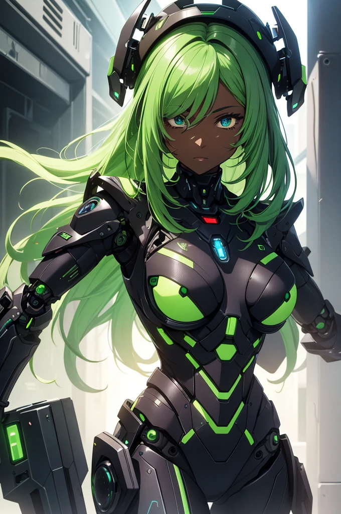 masterpiece, 1 android, (dark skin), fullbody, [long hair], (bright green hair), curvy girl, each eye has one color, (robotic armor), mechanical legs, swat, futuristic robot