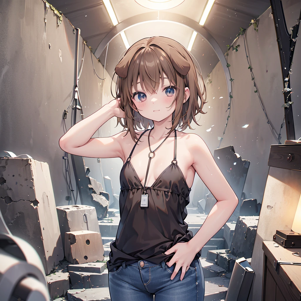 ((masterpiece)), (anime:1.5), ((Highest quality)), (RAW Photos:1.2), (High resolution:1.3), (Professional photography:1.2), (chromatic aberration), One girl, (()), (Very proud, Upper Body, View your viewers, Side Tied Bikini Top, O-ring, bare hands, Disheveled Hair, Medium Hair, ((Pull up your pants)), Dog Tags, Light brown hair, (Small breasts), Cute Hips, (Nice pose), ((Inside the creepy tunnel)),