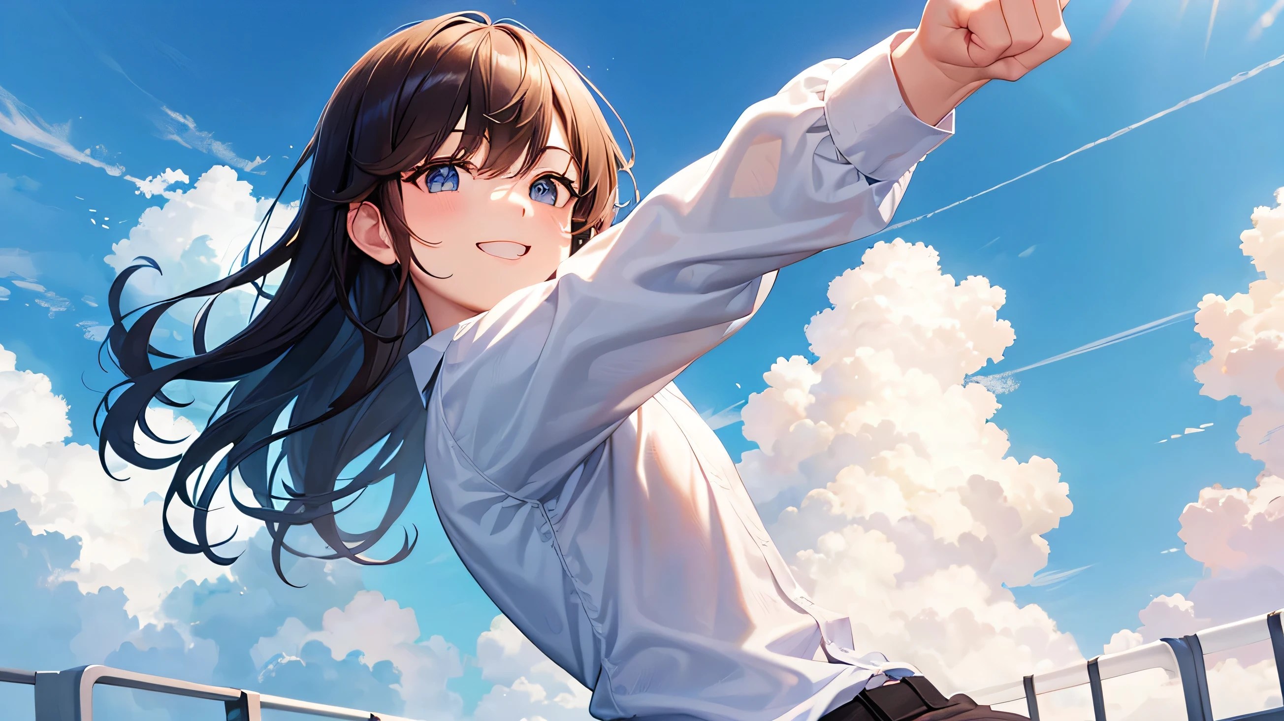 Raise your fist　office Street　blue sky　smile　Full of motivation　Young Man　White shirt　high quality　masterpiece