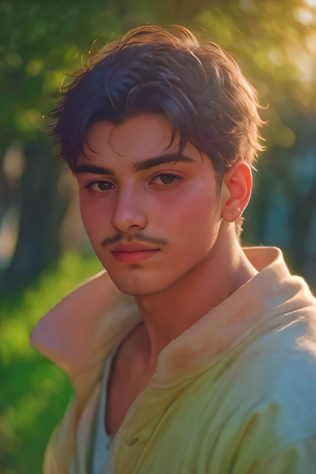 Handsome guy Portrait, shot on leica, shadowplay, gorgeous lighting, subtle pastel hues, outdoors ,solo,pretty, bright face,medium shot,very  thin slight moustached  ,strong jawline model ,pinkesh face , blush,27 years old 