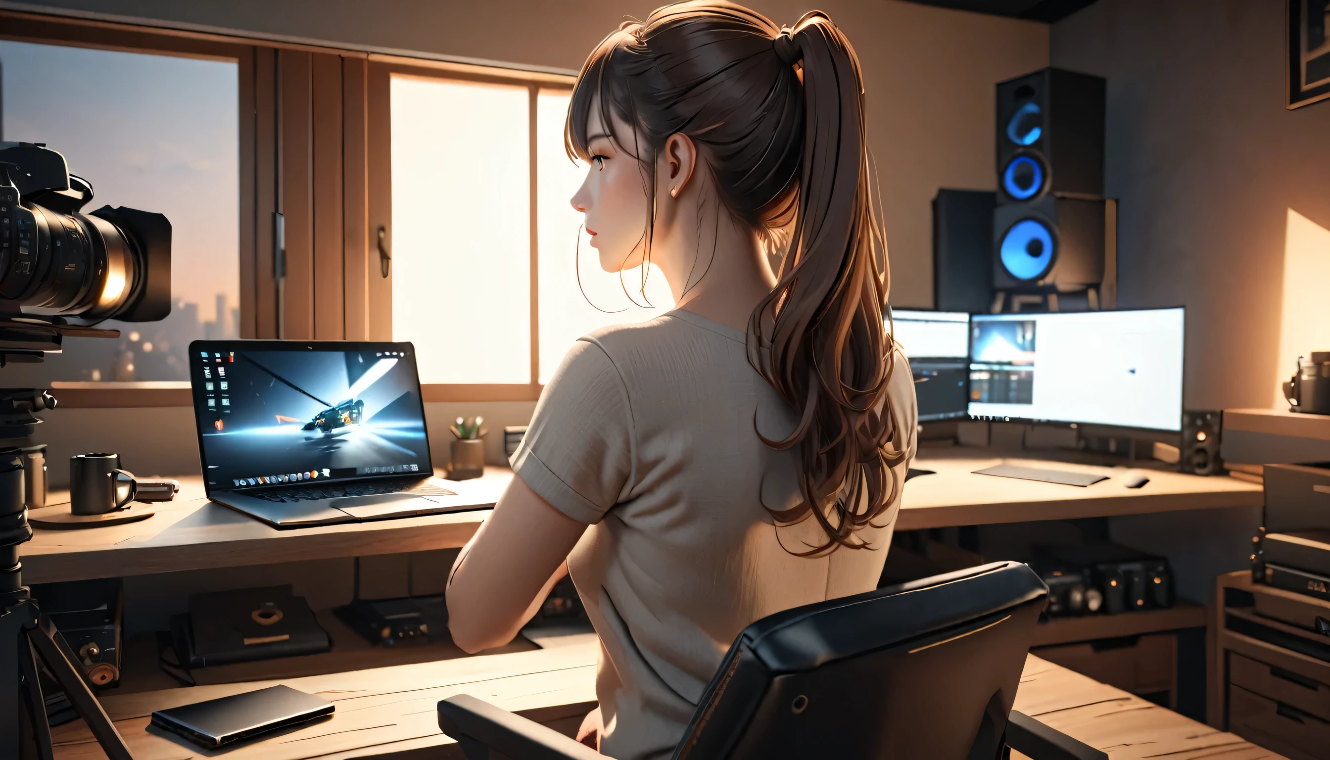 3d character streaming, streaming setup, character back view, detailed character, high quality 3d render, cinematic lighting, studio lighting, photorealistic, 8k, highres, best quality, masterpiece, extremely detailed, realistic, volumetric lighting, detailed streaming setup, detailed laptop, detailed interior, warm color tones, soft lighting