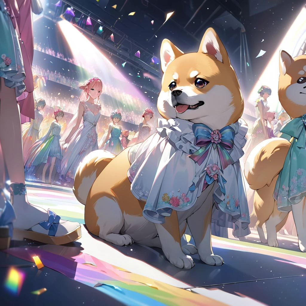 Highest quality, Highest quality, 16K, Unbelievably absurd, Very detailed, delicate and dynamic, Detailed Description, , Particles reflect light, Diffuse reflection of light, Vortex of Light, A lot of rainbow confetti falls, Spotlight, Catwalk, night, fashion show, illumination, Create amazing image effects, Close-up, (a Shiba Inu, Dog fashion model,, , Gorgeous dog dress, unique design dress,)