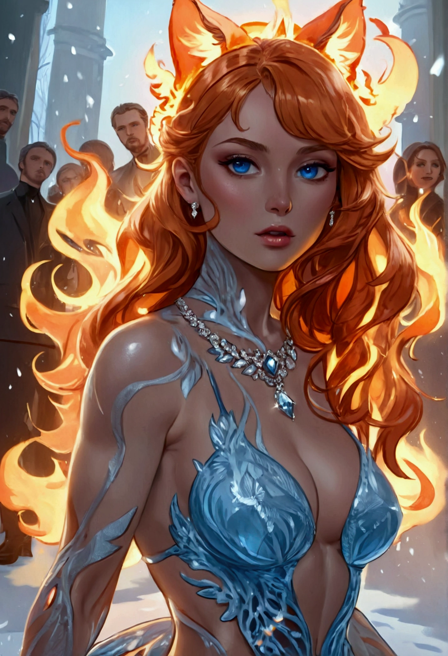 a glamour picture shot, of an elite model covered in fire walking on a icy catwalk, an extraordinary glamourous elite female model, ((full body: 1.5)),  ((anatomically correct: 1.5), (ultra detailed face: 1.2), best detailed face, orange hair, long hair, lush hair, glam hair cut, blue eyes, delicate face, light make up, wearing intricate detailed dress, glamour dress, haute couture dress, elite fashion dress, FireMagicAI,  small cleavage, wearing high heels, elegant high heels, she wears diamond necklace, she is covered in fire, she walks on an icy cat walk, image reflecting in the ice IceMagicAI, elite fashion show background there are camera men taking pictures in the background, vibrant, Hyperrealism style, vibrant, Ultra-high resolution, High Contrast, (masterpiece:1.5), highest quality, Best aesthetics), best details, best quality, highres, ultra wide angle, 16k, [ultra detailed], masterpiece, best quality, (extremely detailed) RAW, chumbasket art style, photograph, photograph