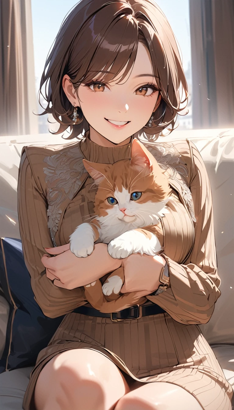 super detail, best quality, a woman , Brown short hair, smile, Mature Woman, Stylish clothing, (Sitting on the couch), Holding a cat on one's lap,