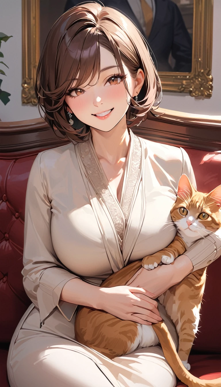super detail, best quality, a woman , Brown short hair, smile, Mature Woman, Stylish clothing, (Sitting on the couch), Holding a cat on one's lap,