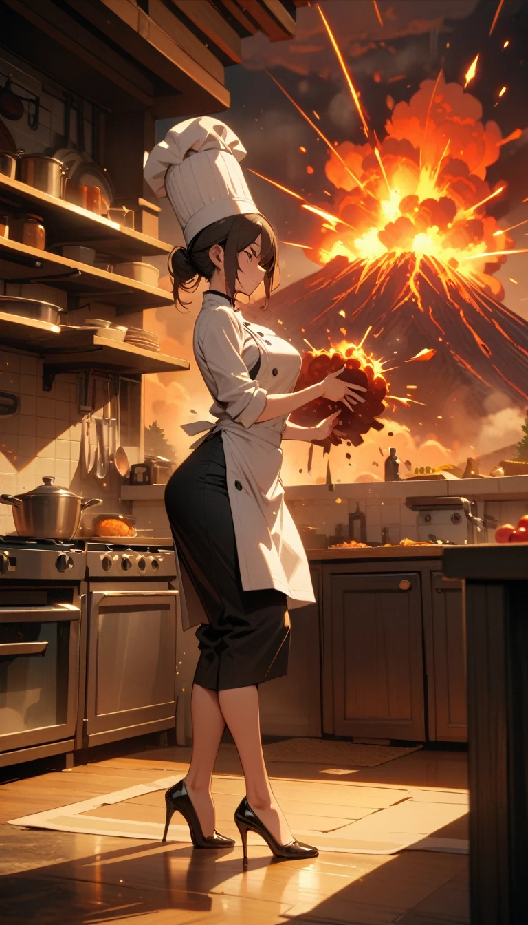 ((best quality)) , ((masterpiece)) , (detailed),1 female,(((volcano exploding))),kitchen,Female chef,High heel,((whole body))