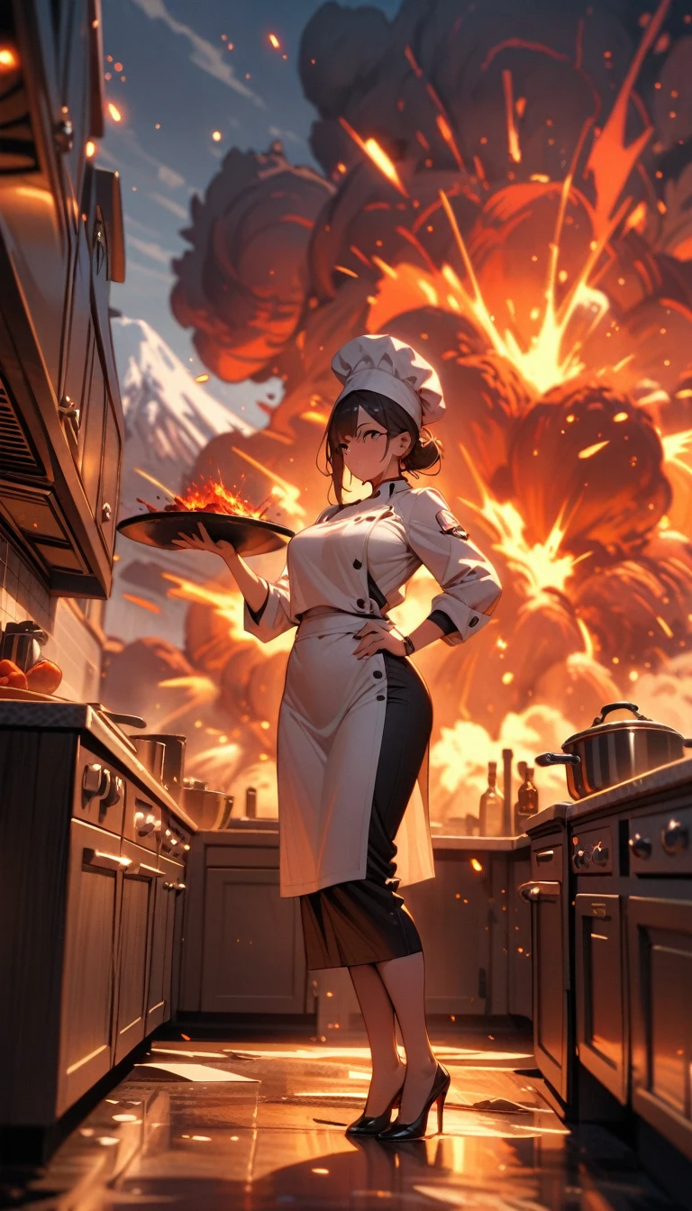 ((best quality)) , ((masterpiece)) , (detailed),1 female,(((volcano exploding))),kitchen,Female chef,High heel,((whole body))
