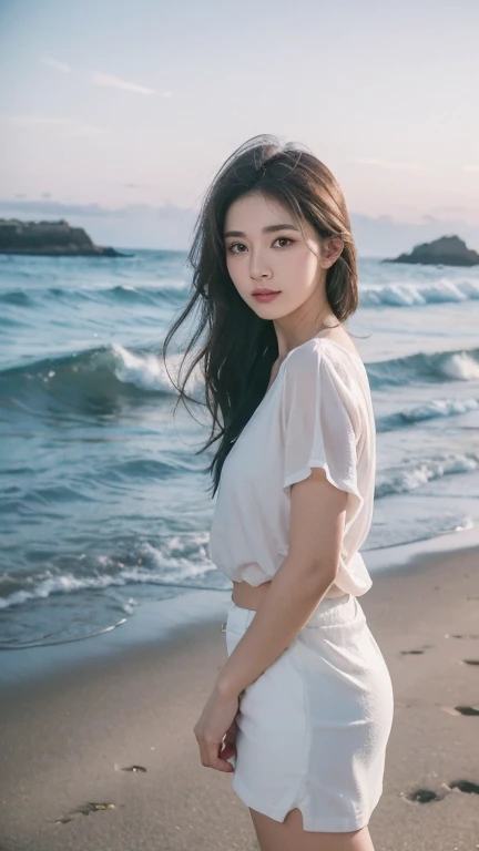 Creating a serene portrait of a young woman (Look forward) at the beach. She is wearing a loose white blouse, With white midi skirt. her eyes are looking at the viewer, And there's a peaceful expression on her face, Enjoying the moment. The background features calm waves crashing on the shore under a night sky.., Create a quiet and calm atmosphere. The overall mood of the image is reflective and serene.., Capturing the essence of relaxation and peace at sea.