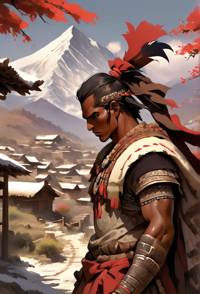 Ultra Realistic, Highly Defined Details, Rose flower, Snowy Mountain Range, Shadowy Distant Back Drop, Bones Liter The Ground, Shandy Color Shading Capturing the Mode, Young Adult African Male Villager, holding a Rose Flower, On Top Of Tall Mountain, Piercing Gaze, Serious Sharp Facial Features, Fit Athletic Muscular Physique, Bone Mail Armor, Peaces of tribal decorations tied to armbands, Bone chest plate armor, Lightly armored belt buckle dagger and in a sheath, Bone carved Hilt and Sword, wrapped in crimson decorated cloth Worn On the Back, Dark Crimson Cloak, Distant Shot Full Body View, Holding a Flaming Rose, Snowy Day, Snowy Mountain, Snow on the Ground, A lot of Snow, Tribal Village, Distance Shot, Distant Angle,