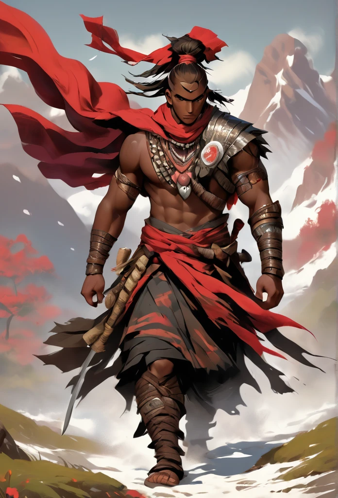 Ultra Realistic, Highly Defined Details, Rose flower, Snowy Mountain Range, Shadowy Distant Back Drop, Bones Liter The Ground, Shandy Color Shading Capturing the Mode, Young Adult African Male Villager, holding a Rose Flower, On Top Of Tall Mountain, Piercing Gaze, Serious Sharp Facial Features, Fit Athletic Muscular Physique, Bone Mail Armor, Peaces of tribal decorations tied to armbands, Bone chest plate armor, Lightly armored belt buckle dagger and in a sheath, Bone carved Hilt and Sword, wrapped in crimson decorated cloth Worn On the Back, Dark Crimson Cloak, Distant Shot Full Body View, Holding a Flaming Rose, Snowy Day, Snowy Mountain, Snow on the Ground, A lot of Snow, Tribal Village, Distance Shot, Distant Angle,