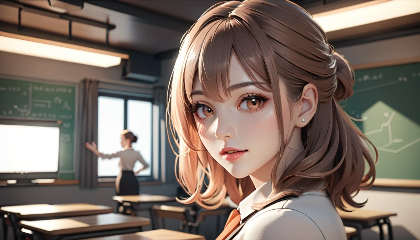 a 3d character teacher, female teacher, online course, teaching, classroom, digital art, 3d render, highly detailed, photorealistic, cinematic lighting, intricate details, ambient occlusion, volumetric lighting, depth of field, beautiful detailed face, beautiful detailed eyes, beautiful detailed lips, beautiful skin, long eyelashes, elegant hairstyle, professional outfit, warm color tones, dynamic pose, natural gestures, engaging expression, studio lighting, 8k, high resolution, masterpiece