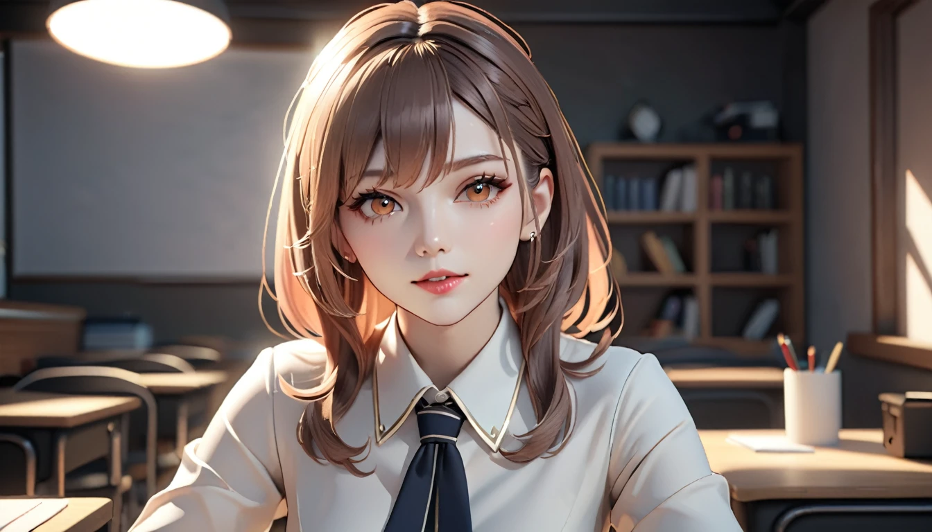 a 3d character teacher, female teacher, online course, teaching, classroom, digital art, 3d render, highly detailed, photorealistic, cinematic lighting, intricate details, ambient occlusion, volumetric lighting, depth of field, beautiful detailed face, beautiful detailed eyes, beautiful detailed lips, beautiful skin, long eyelashes, elegant hairstyle, professional outfit, warm color tones, dynamic pose, natural gestures, engaging expression, studio lighting, 8k, high resolution, masterpiece