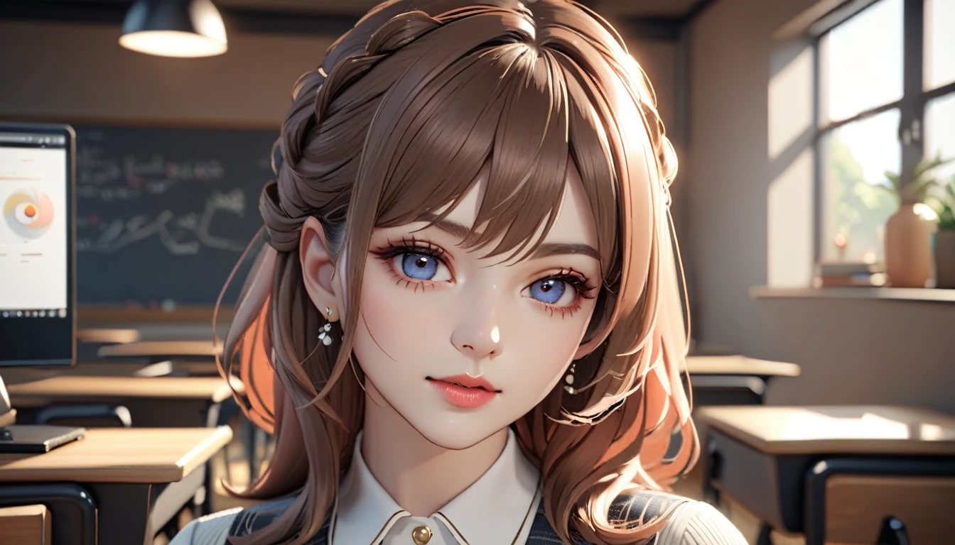 a 3d character teacher, female teacher, online course, teaching, classroom, digital art, 3d render, highly detailed, photorealistic, cinematic lighting, intricate details, ambient occlusion, volumetric lighting, depth of field, beautiful detailed face, beautiful detailed eyes, beautiful detailed lips, beautiful skin, long eyelashes, elegant hairstyle, professional outfit, warm color tones, dynamic pose, natural gestures, engaging expression, studio lighting, 8k, high resolution, masterpiece