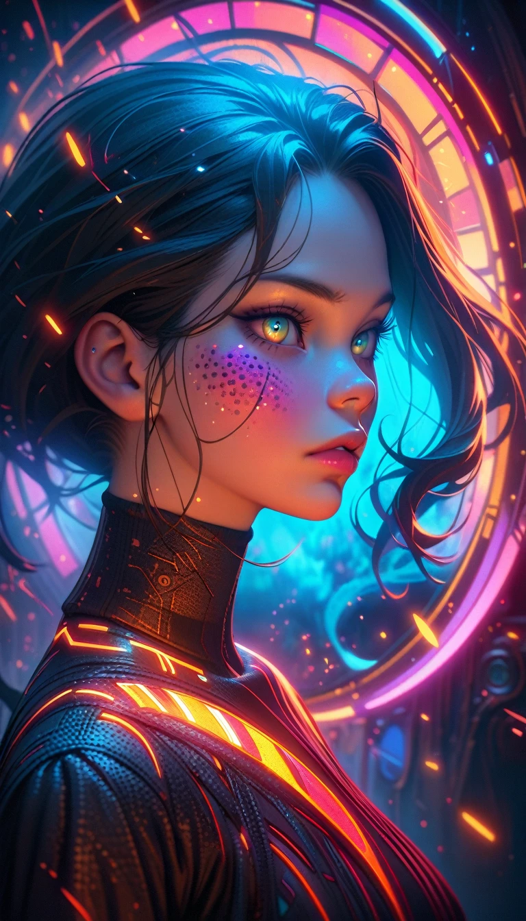 ((best quality)) , ((masterpiece)) , (detailed),Jean-Joseph Benjamin-Constant, Glowwave, Photograph, Jake Parker, Alan Davis, Hipster Art, Cleancore, Art Deco Girl, Monstrous and Boring, Swirling, Metalcore, Film Washi, portrait art by Stanisław Ignacy Witkiewicz, detailed, intricate, background inspired, luxury, pure,(((Pointillism style,Composed entirely of small, distinct dots of color, vibrant, highly detailed)))