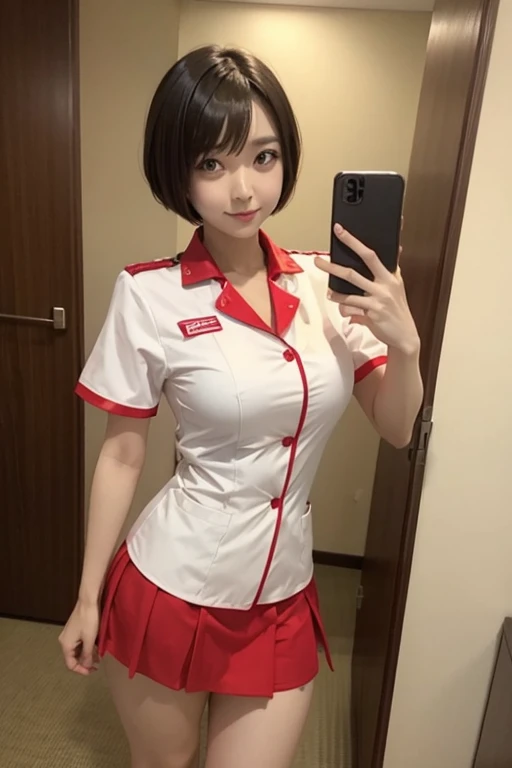 A Japanese girl with a sexy body and short hair wearing a nurse cosplay uniform and a short skirt takes a photo with a syringe.