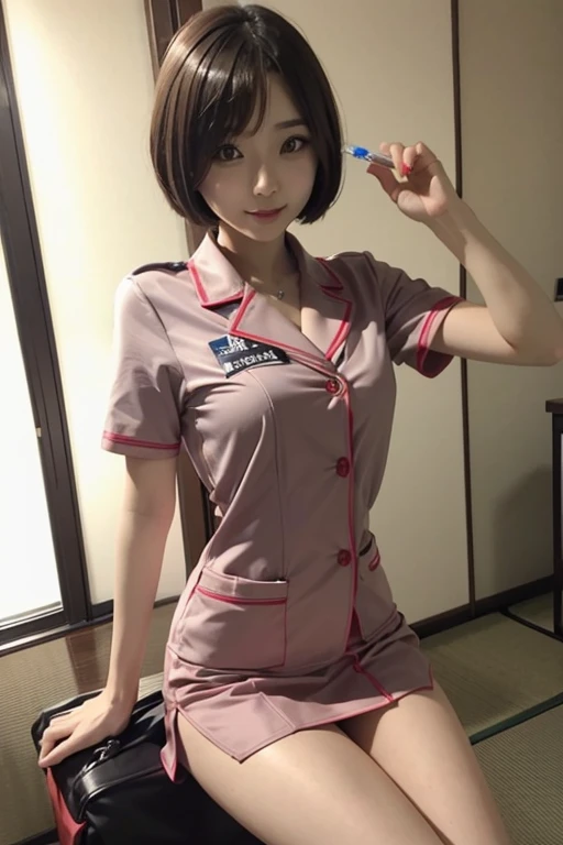 A Japanese girl with a sexy body and short hair wearing a nurse cosplay uniform and a short skirt takes a photo with a syringe.